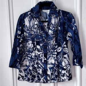 Harve Bénard Linen Blend Button V Neck 3/4 Sleeve Batik Pattern Blouse Small